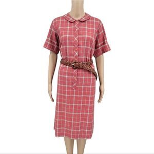 Country Miss Vintage 60's Red Plaid Shirt Dress Pointed Flat Collar Modest